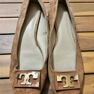 Tory Burch Tan Suede Flats with Gold Logo